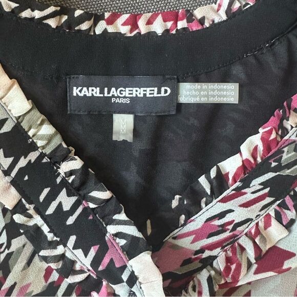 Karl Lagerfeld Paris Houndstooth-Print Chiffon Top Blouse Sz M Office Career - Picture 6 of 9